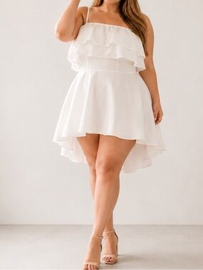 Devlin Kalena White Ruffle High Low Hem Tie Strap Wedding Cottagecore Mini Dress